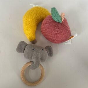 Zesty Organics elephant rattle and CLOUD ISLAND BABY RATTLE KNIT FRUIT banana